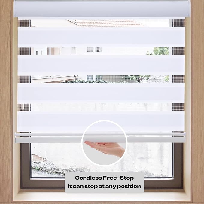 MYshade Roller Shades Zebra Blinds for Indoor Windows Cordless Day and Night Light Filtering Dual Layer Roller Window Blinds&Shades, Easy to Install, Size 35" x 72", White