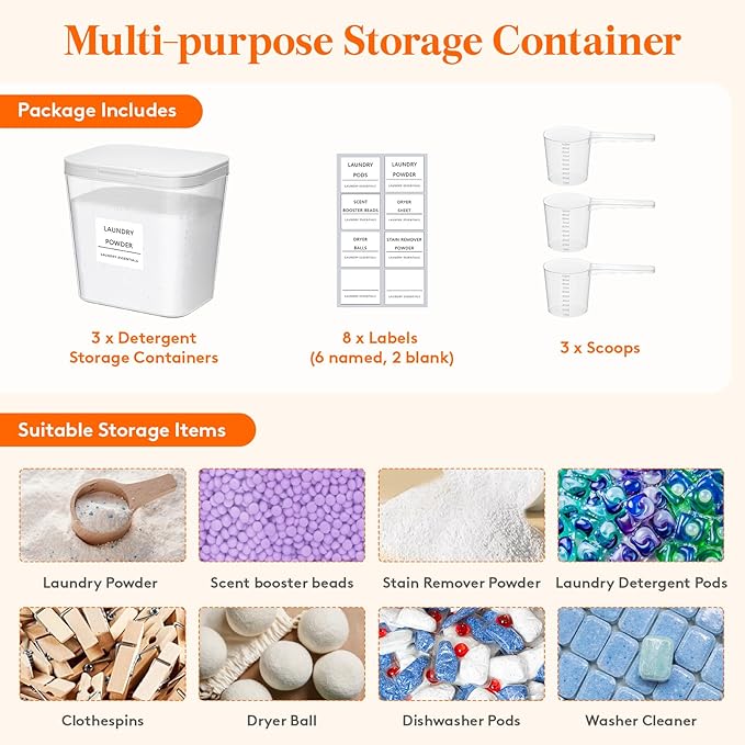 Lifewit 3 Pack Laundry Pods container with Labels and Measuring Scoops, Laundry Room Organization and Storage for Booster Beads with Labels and Measuring Scoops