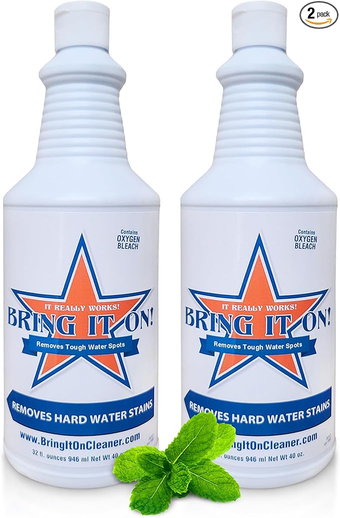 BRING IT ON! CLEANER Hard Water Stain Remover 32 Ounce 2 Pack, Shower Door Cleaner, Clean Tile and Grout, Windows, Fiberglass, Tubs, Chrome