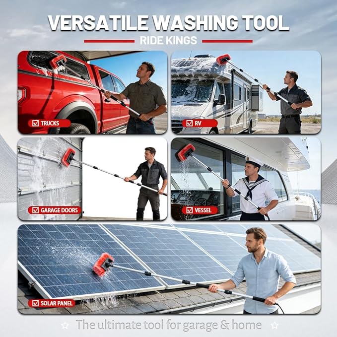 Car Wash Brush (65 in) - Heavy Duty Truck Wash Kit with 4 Heads (Tire Scrubber & 2 Stiff Brushes) - Flow-Thru Wand Compatible with SUV, Off-Road Vehicles & Wheels (Red)