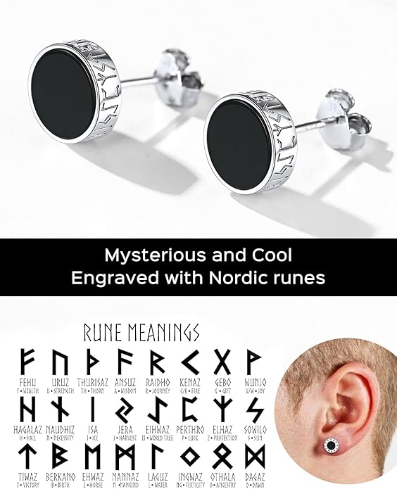 ChicSilver 925 Sterling Silver Viking Rune Natural Black Onyx Stud Earrings For Women Men