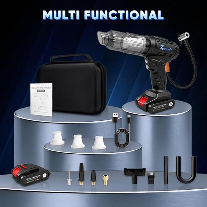 3 in 1 Cordless Car Vacuum and Air Compressor, LED Light,5000PA Powerful Suction&150PSI Auto-Shutoff Tire Inflator, with 3 Filters,45W Fast Charging for Car, Home,Motorcycle, Bicycle, Air Mattres