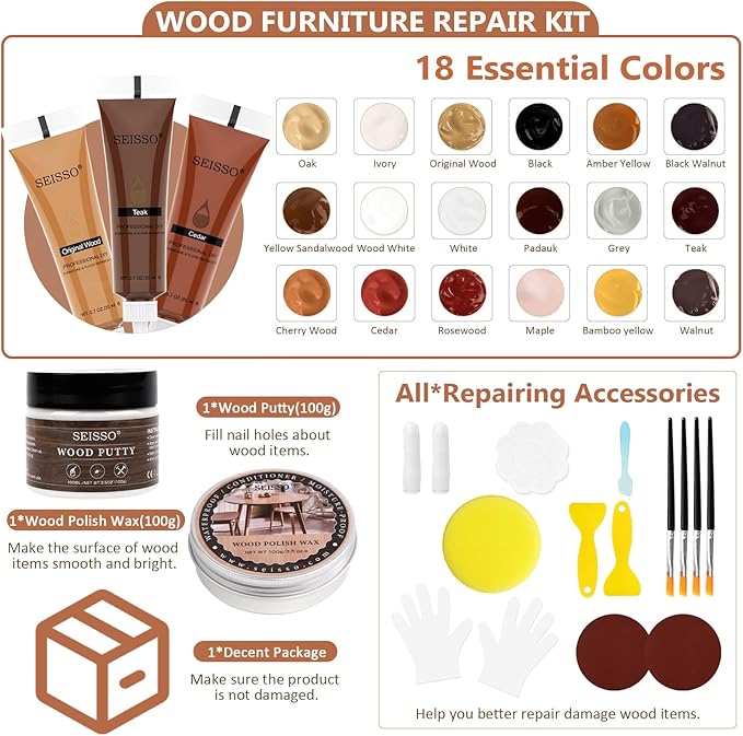 Wood Furniture Repair Kit, 34 Pcs Wood Filler Putty Restore a Finish Wood Floor Scratch Repair, Vinyl Floor Repair Kit for Scratches Holes, Hardwood Floor Door, Cabinet Table, Bedposts