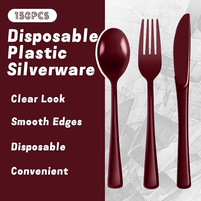 Plastic Silverware 150 PCS Disposable Silverware Heavy Duty Utensil Sets 50 Of Each Forks Knives & Spoons Disposable Cutlery Set For Easter,Birthday,Baby Shower,Garden Party,Wedding(150,Burgundy)