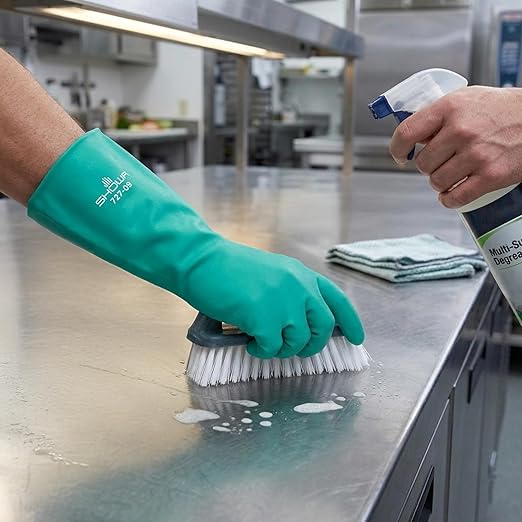 SHOWA 727 Chemical Resistant Gloves, 15-mil Unsupported Nitrile, 13-inch Extended Gauntlet, Bisque Grip, CE Cat III & Food Safe, Latex-Free, Green, Large, Vending Pack, 12-Pack