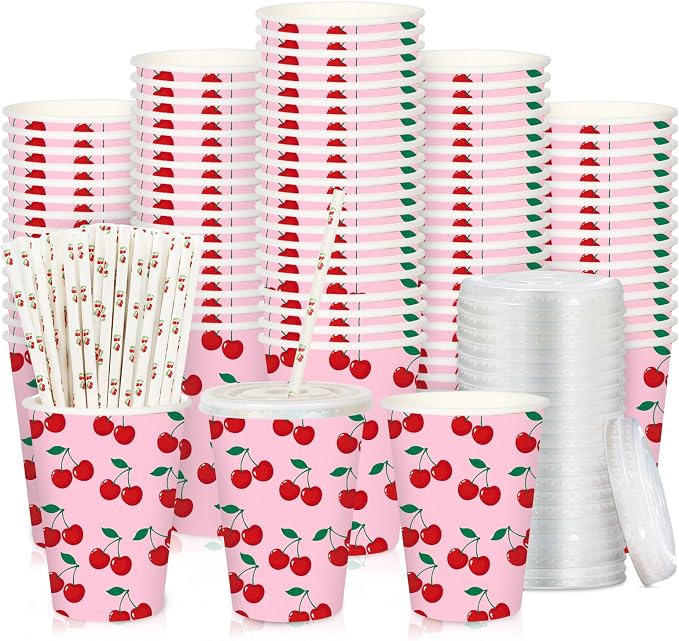50 Sets Cherry Paper Cups with Paper Straws Plastic Lids 12OZ Red Pink Cherry Disposable Coffee Tea Cups for Summer Fruit Birthday Party Juice Drink Beverage Bar Supplies