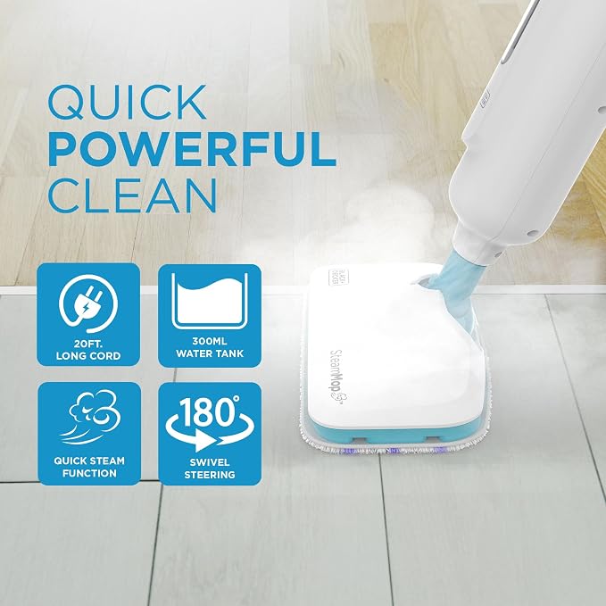 BLACK+DECKER 1300W Steam Mop for Hardwood, Tile & Laminate Floors, Multi-Surface Floor Steamer with Carpet Glider, 2 Washable Microfiber Pads, Fast Heat Up & 22 Ft Cord, White