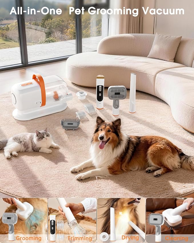 LOMMOL Pet Grooming Vacuum, Dog Grooming Kit with Dog Clippers, 2.2L Dust Cup Dogs Vacuum with Dryer Function, Low Noise Upgrade Dog Grooming Vacuum with 6 Tools for Home Pet Hair, Orange