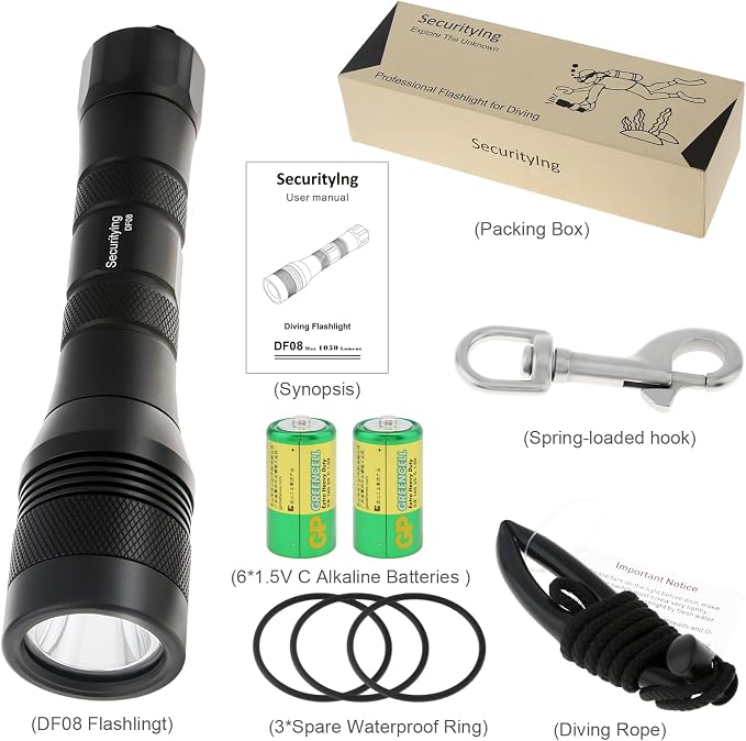SecurityIng Waterproof 1000 Lumens LED Diving Flashlight Underwater 150m Super Bright LED Scuba Light, 9 Degrees Narrow-Angle Beam Diving Safety Light Night Dive Torch (with Batteries)