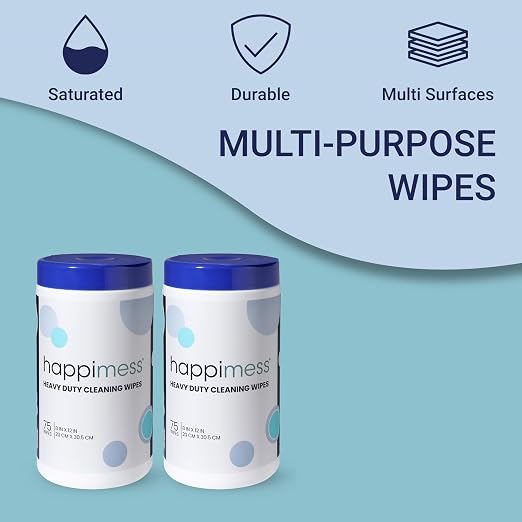 happimess WPE1001A-2SET Heavy Duty Cleaning Wipes, Multi-Purpose Multi-Surface Household Wipes, Extra Strong Cleaner for Kitchen, Bathroom, and Pet Messes, Unscented, 150 Count (2 Packs of 75)