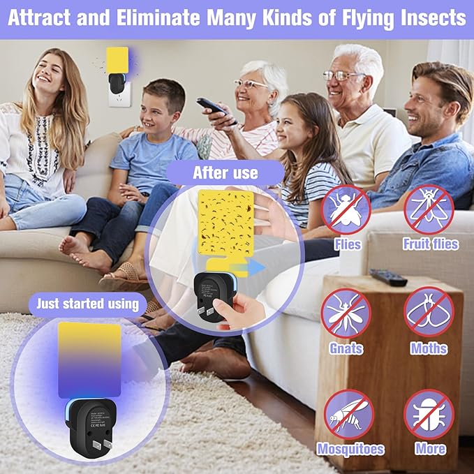 Flying Insect Trap Plug-in, Indoor Mosquito & Gnat Killer, Safe Non-Toxic UV Light Fly Catcher, Night Light Bug Trap with Sticky Pad for Flies, Gnats, Moths (2 Pack, Black)
