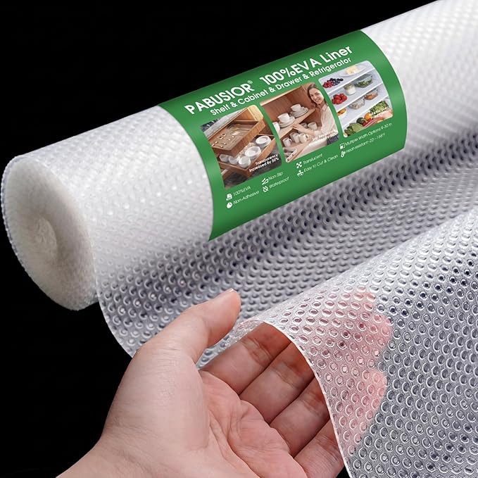 PABUSIOR Wide Kitchen Cabinet Liner: 100% EVA Non Slip Cabinet Shelf Liner 21" x 300" Clear - Non-Adhesive Waterproof Large Bathroom Drawer Mat for Under Sink
