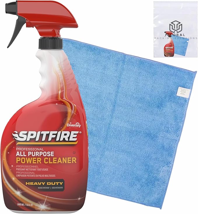 Spitfire Professional All Purpose Heavy Duty Power Cleaner Degreaser, Removes Dirt Grime and Black Heel Marks, 32 Fl Oz bundled with Microfiber Cloth
