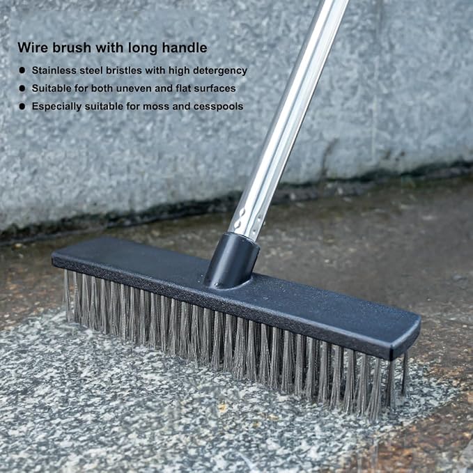 Heavy-Duty Push Broom Brush - Perfect for Bathroom, Kitchen, Patio, Garage, Deck, Concrete, Wood, Stone, and Tile Floors (10.6" Stainless Steel Bristle-Black)