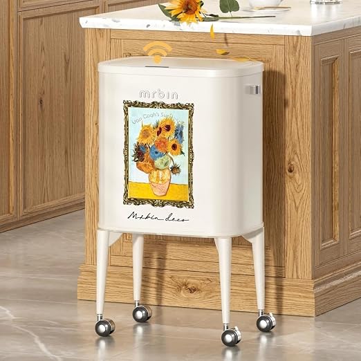 MRBIN Metal Motion Sensor Kitchen Trash Can with Wheel Legs, 36L / 9.5gal Medium Press Lid Slim Waste Basket, Pet Proof Tall Narrow Garbage Pail for Vanity, Bedroom, Bathroom, Living Room, Sunflower