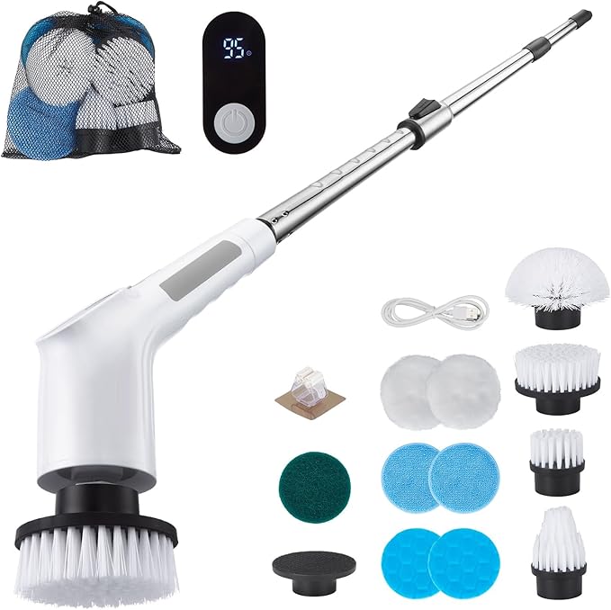 Cordless Electric Spin Scrubber, Powerful 2-Speed Shower & Bathroom Cleaner with LED Display, Adjustable Handle & 11 Brush Heads, Lightweight, Rechargeable & Perfect for Tough Grime