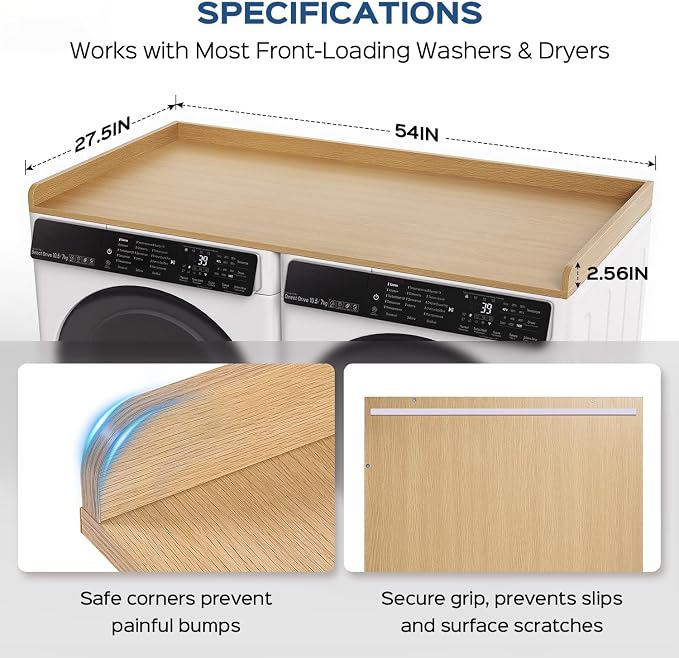 Fivesun Washer Dryer Countertop, 27.5" x 54“ Wood Washer and Dryer Countertop with Edge Rails for Laundry Room Organization and Storage, Oak
