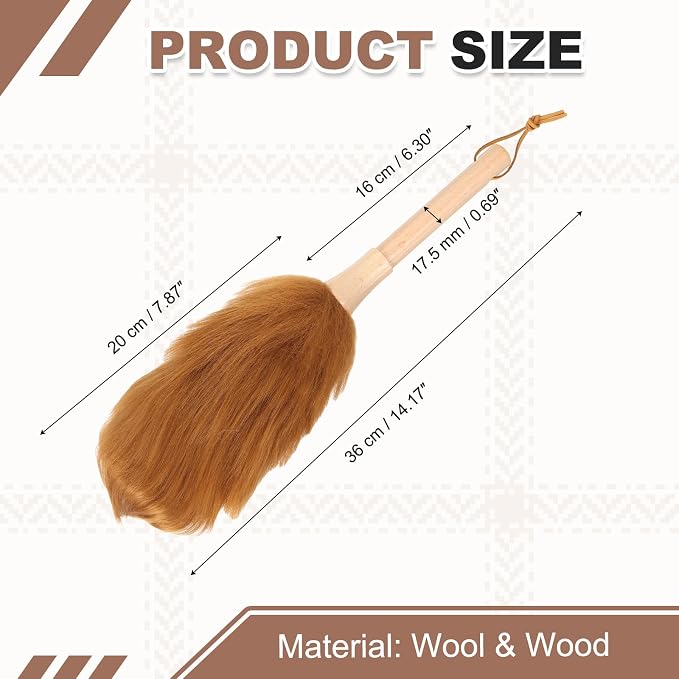 uxcell Wool Duster, 14.2" Natural Feather Cleaner Household Cleaning Duster with Solid Wooden Handle for Cleaning Fans Window Blinds Shelves Furniture, Light Brown