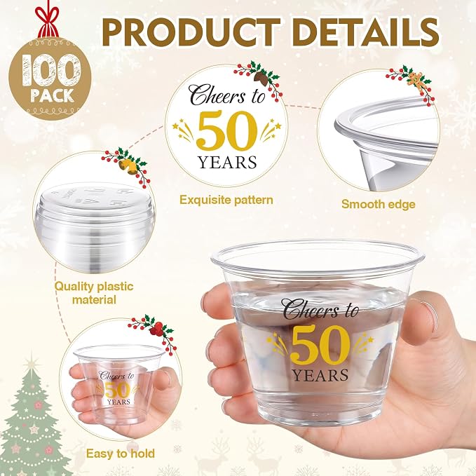 LemonRoad 100 Pack 50th Birthday Cup 9 oz Cheers to 50 Years Birthday Disposable Clear Plastic Cocktail Cups Hot Cold Beverage Drinks for Men Women Wedding Anniversary Decorations Party Favors