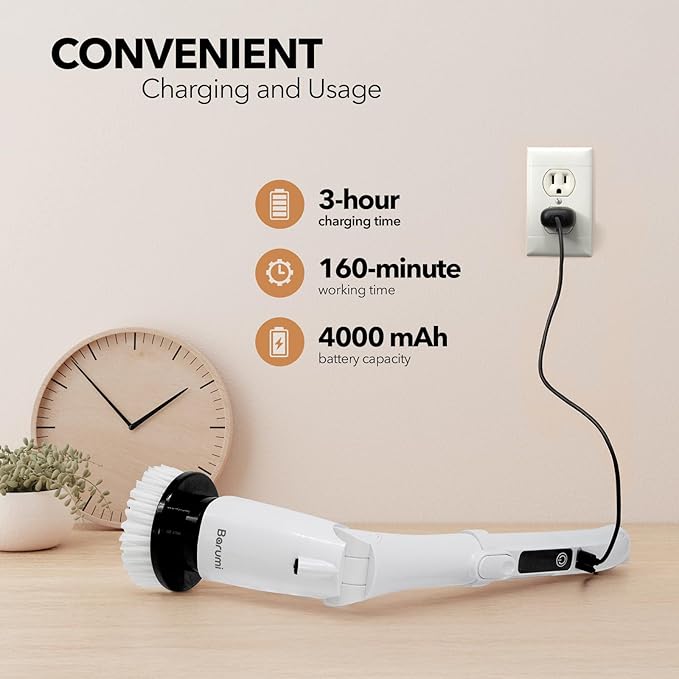 Barumi Electric Spin Scrubber – 3 Spin Modes, LED Control Panel, Adjustable Head Angles, Full Extension, Perfect for Bathroom, Kitchen, Tub, Floor & Cars – 8 Replaceable Brushes with Microfiber Pad