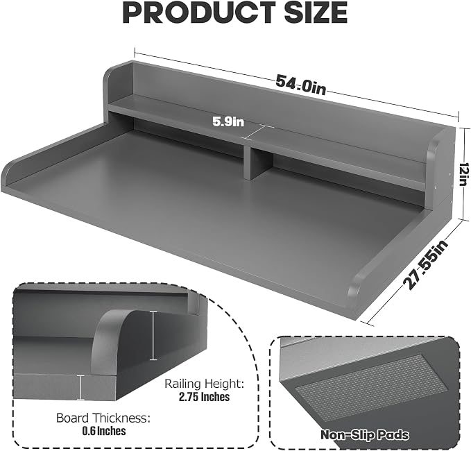 2-Tier Washer Dryer Countertop with 2.75"H Edge Rails, 54" W x 27.55" D Laundry Countertop for Folding Clothes, Washer and Dryer Topper with Non-Slip Pad (Gray)