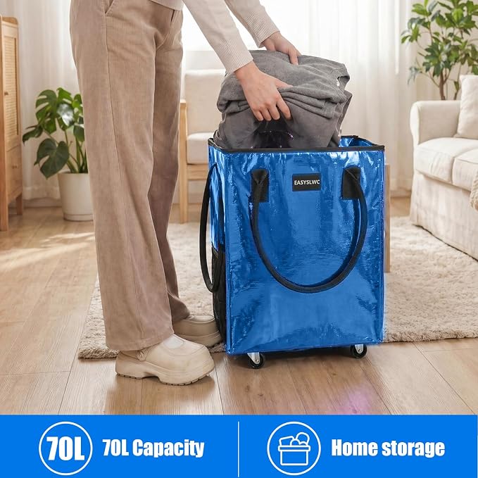 Reusable Hauler Rolling Tote Bag, Collapsible Portable Shopping Bag with Wheels for Groceries, Apartments Laundry, Organization,Heavy Duty Utility Tote Bag for Travel Moving, 75lbs, Blue