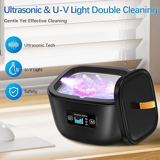 Raccomb Ultrasonic Retainer Cleaner Machine for Denture UV Ultrasonic Cleaner 45kHz 255ML 3 Mode Adjustable Ultrasonic Jewelry Cleaner for Aligner Mouth Guard Toothbrush Whitening Tray Ring Diamond