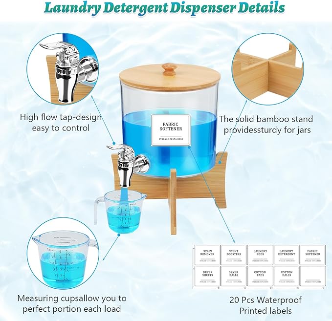Laundry Detergent Dispenser*2 with Shelf & Bamboo Lid for Liquid Detergent, Laundry Soap Scent Booster & Fabric Softener Dispenser for Laundry Room Organization and Storage with 2 Cups & 20 Labels