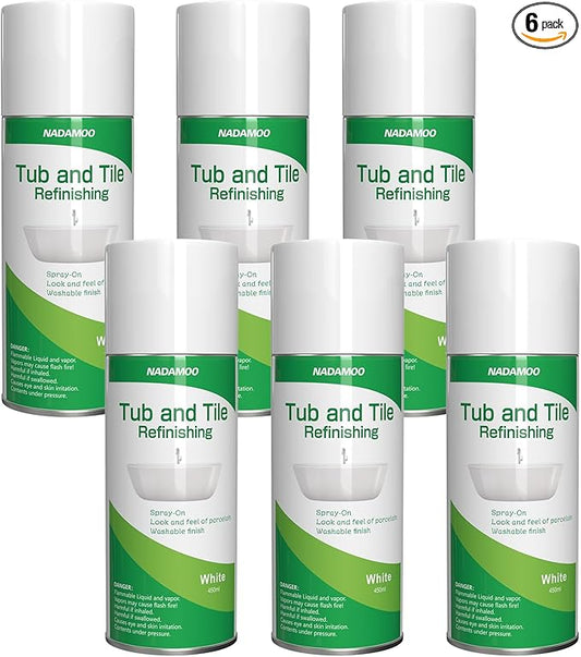 NADAMOO Tub and Tile Spray Paint White, 450ml, 6 Cans, Aerosol Bathtub Refinishing Kit for Porcelain Fiberglass Ceramic, DIY Resurfacing Bathroom Sink Countertop