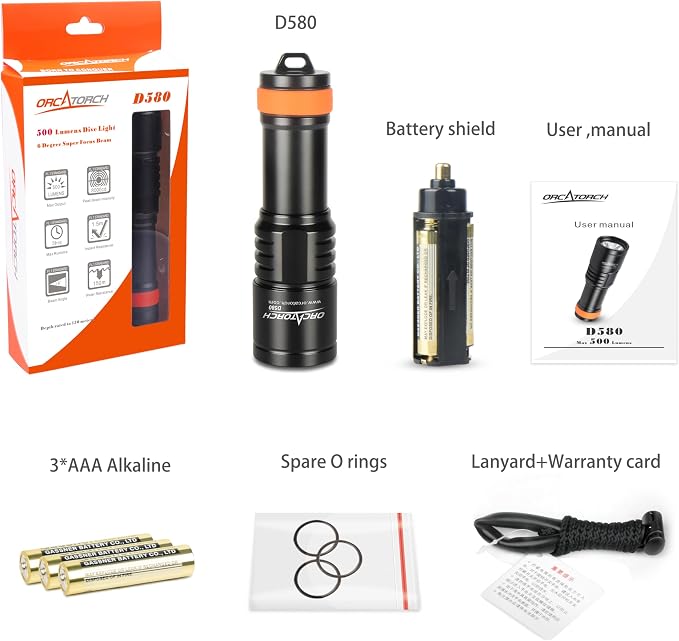 ORCATORCH D580 Scuba Dive Light, Max 530 Lumens Underwater Flashlight with 6 Degrees Narrow Beam, IP68 Waterproof Twist Switch Night Dive Torch, 3 AAA Batteries Included
