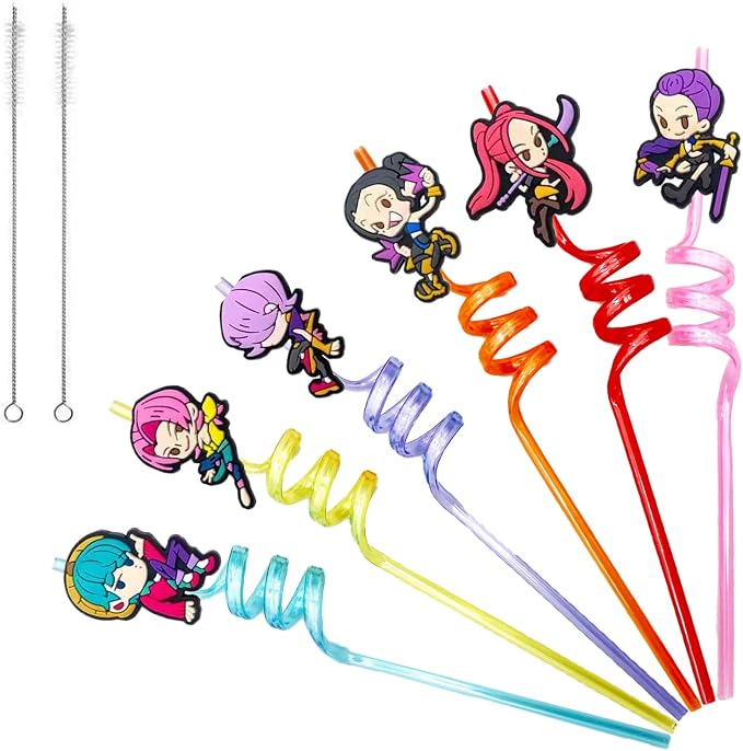 30pcs Demon movie Hunters Straws Hunters Party Supplies Favors With 2pcs Cleaning Brush Plastic Reusable Straws Birthday Party Supplies For Boys Girls