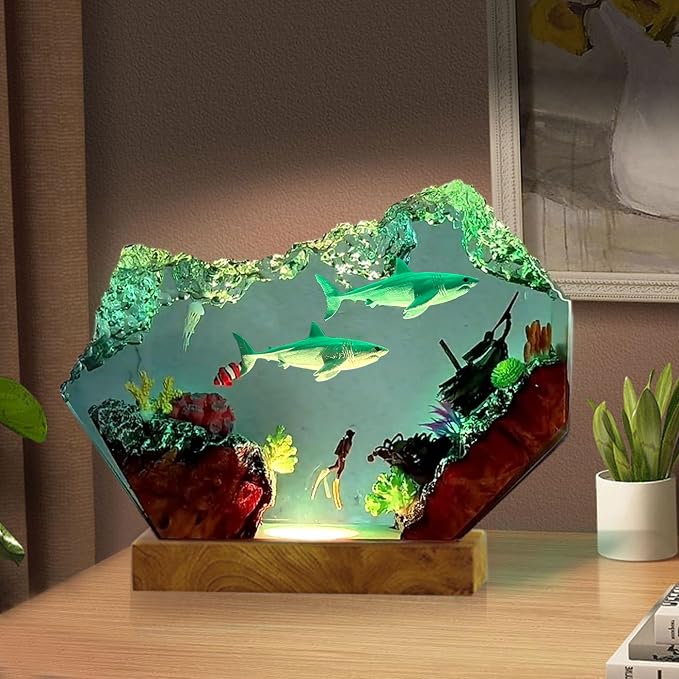 Shark Resin Lamp, Scuba Diving Resin Ocean Lamp,Handmade Shark Decor Bedside Nightlight with Wooden Base, RGB Mode, Ocean Lovers Collectibles, Gifts for Christmas,Birthday Holiday (L 10"X6")