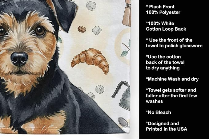 Caroline's Treasures Black and Tan Norfolk Terrier Coffee Bar Kitchen Towel Velour Plush Front and Cotton Loop Back Machine Washable