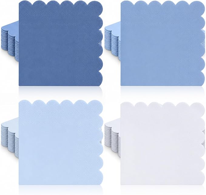 300 Pack Dusty Blue Napkins, 5 x 5 Inch Disposable Scalloped Gradient Blue Cocktail Napkins Thick Beverage Napkin for Wedding Birthday Party Supplies