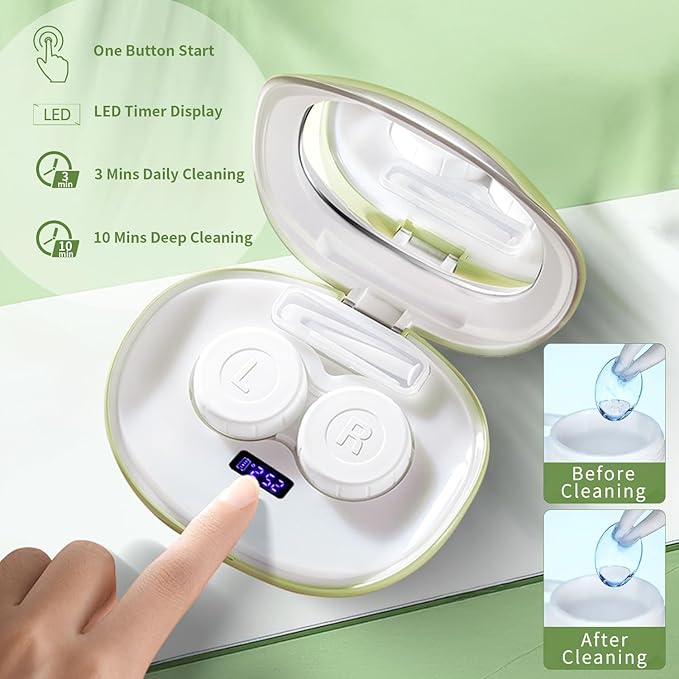Contact Lens Cleaner, Portable Ultrasonic Contact Lens Cleaning Machine with USB Charger, LED Timer Display & 5 Contacts Solution Cases Kit for Soft Hard Colored RGP Lenses (Avocado Green)