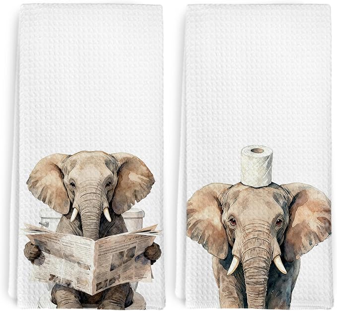 Funny Elephant Hand Towels for Bathroom Washroom Kitchen Safari Decor, Elephants Themed Gifts Dish Tea Towels for Women Men, Cute Elephants Animals Decorative Hand Towels Set of 2, 16x24 Inch
