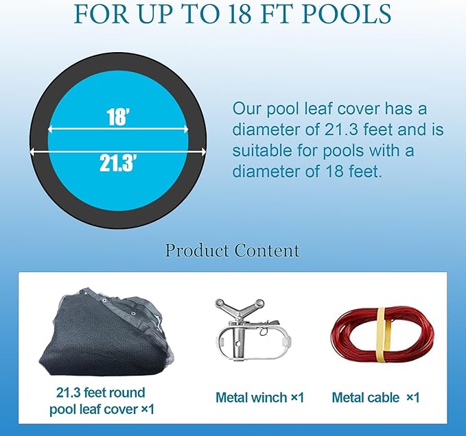 Leaf Cover for Above Ground Pool, Durable Black Mesh Swimming Pool Leaf Net Cover with Winch & Cable for Leaves and Debris for 18 Ft Round Pools (Black, 18 Ft)