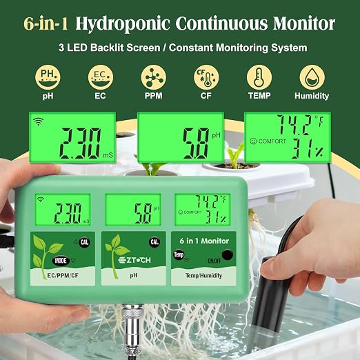 pH EC PPM Monitor for Water Hydroponic with Calibration Solution, 6 in 1 pH EC TDS Continuous Monitor with pH 4.0 7.0 & EC 1413μS/cm Calibration and Probe Cleaning Solution for Water, Pool, Aquarium