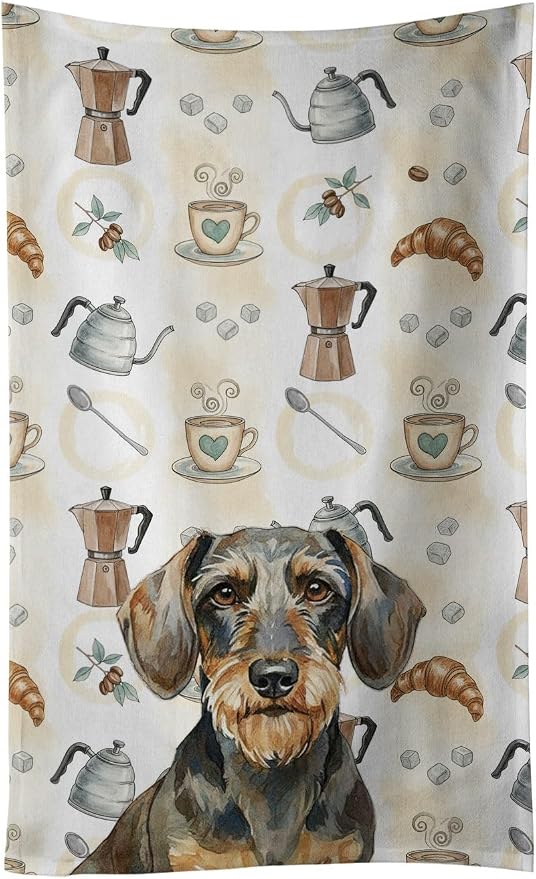 Caroline's Treasures Wirehaired Wild Boar Dachshund Coffee Bar Kitchen Towel Velour Plush Front and Cotton Loop Back Machine Washable