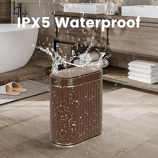 ELPHECO Bathroom Motion Sensor Trash can, 2 Gallon Automatic Garbage Can, Slim Plastic Smart Trash Can with Lid, Commercial Intelligent Trash Bin for Bedroom, Bathroom, Office, Brown Gold