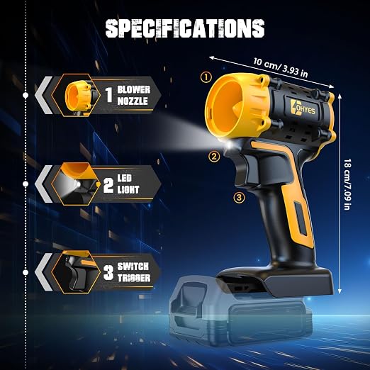 ohyes Air Duster 380W Brushless High-Speed Motor 100,000RPM Fit for DeWALT 20v Max Battery Variable Speed Turbo Jet Fan for Jobsite & Workshop(Battery not Included)