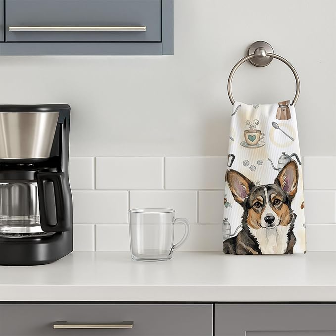 Caroline's Treasures Brindle Cardigan Welsh Corgi Coffee Bar Kitchen Towel Velour Plush Front and Cotton Loop Back Machine Washable