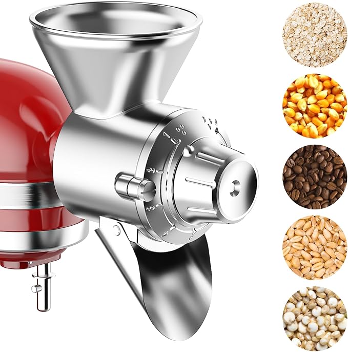 GVODE Grain Mill Attachment for Kitchenaid Stand Mixer, 9 Levels Flour Mill, Grain Mill for Flour, Fit for Non-Oily Dry Grain Corn, Coffee Bean Grinder, Oats, Millet, Wheat