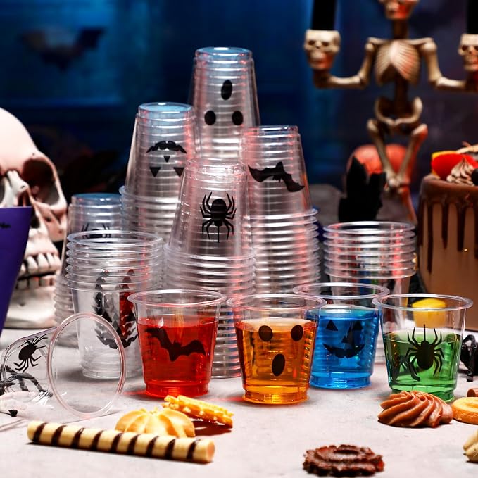 300 Pack 3 oz Halloween Plastic Shot Glasses Disposable Party Shot Cups Bulk Ghost Pumpkin Spider Bat Clear Mini Tasting Cups for Halloween Whiskey Party Favors Drinking Supplies