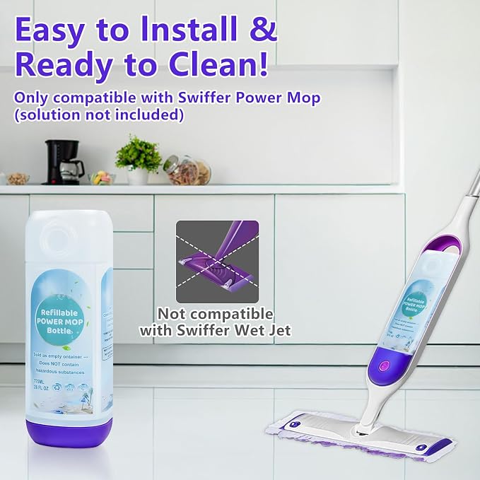 2 Pack Power Mop Refillable Bottle for Swiffer PowerMop, Empty Reusable Bottle for Power Mop, 26 FL OZ Leak-Proof HDPE Solution Container with 5 Silicone Gaskets & Folding Funnel