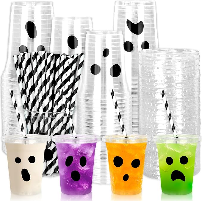 Whaline 60 Pcs 12 Oz Halloween Disposable Plastic Cups with Lids and Straws Black Spooky Ghost Cold Beverage Drinking Cups for Trick or Treat Birthday Party Supplies