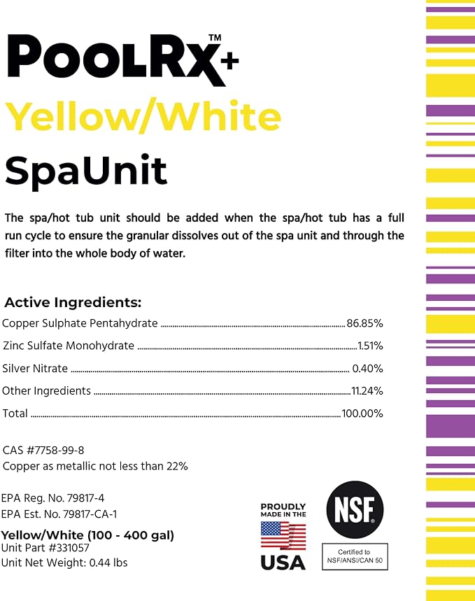 PoolRx+ Mineral Algaecide Unit, up to 6-Month Algae Control, for 100-400 gallons, Yellow & White, New Formula with Silver.