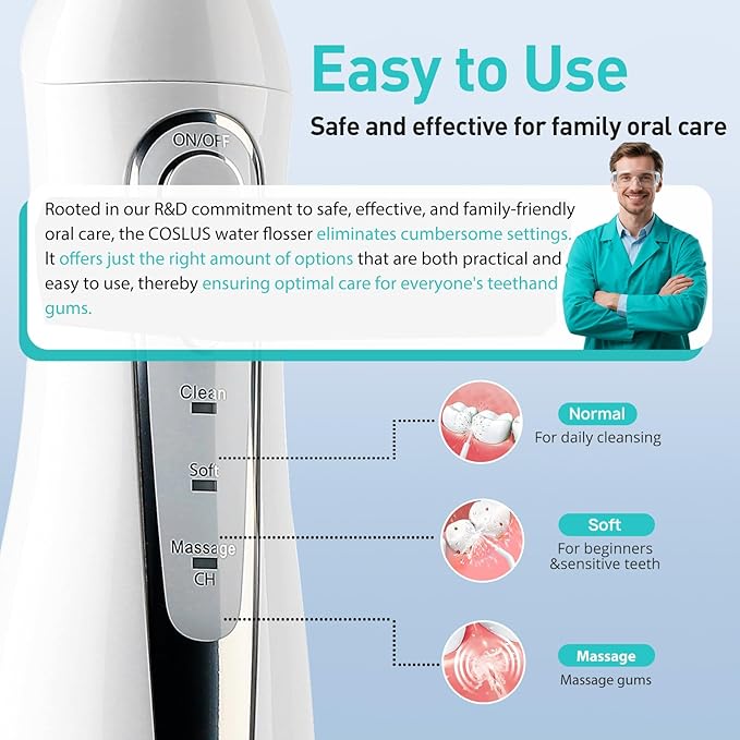 COSLUS Water Dental Flosser Teeth Pick C20: Portable Cordless Oral Irrigator 300ML Rechargeable Travel Irrigation Cleaner IPX7 Waterproof Electric Flossing Machine for Teeth Cleaning, White