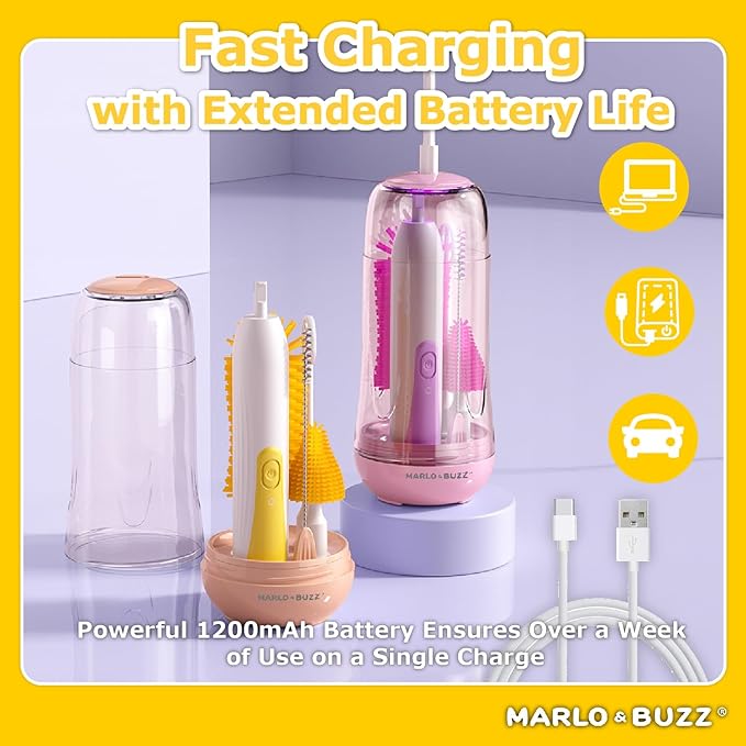Marlo & Buzz Electric Baby Bottle Brush Cleaner Set, Rechargeable Waterproof Silicone Brushes with Large Bottle Brush, Nipple Brush, Straw Brush, Milk Stirrer, Drying Rack (Yellow)