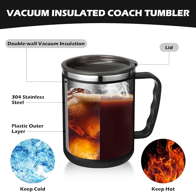 Uiifan 4 Sets Thank You Gifts for Coach Christmas 16 oz Coach Cup with Handle Straw Lid Straw Brush Stainless Steel Insulated Sports Team Coffee Mug for Xmas Appreciation Retirement Gift(Black)